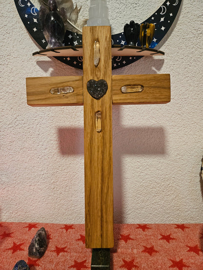 Seelenblitz Kreuz mit Edelsteinen Amethyst & Bergkristall Kreuze aus Eichenholz mit Amethyst-Kristall in verschieden Varianten